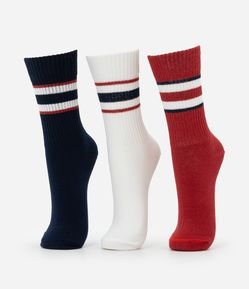 Kit 03 Meias Esportivas Cano Alto em Algodão com Listras