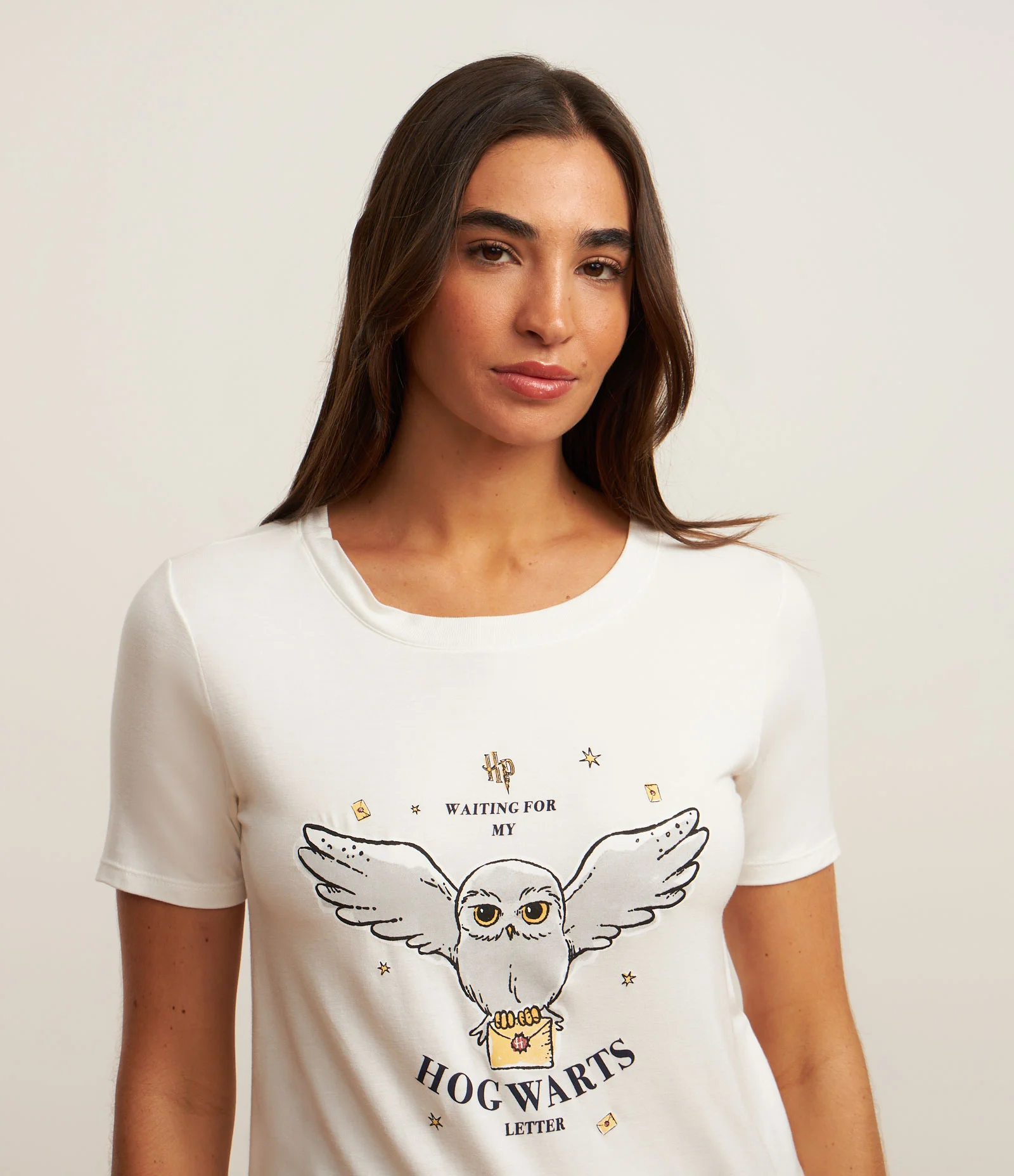 Pijama Short Doll com Estampa Correio de Hogwarts Branco/Preto 2