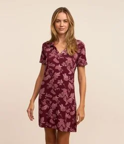 Camisola Curta em Viscose com Gola Polo e Estampa Folhagem