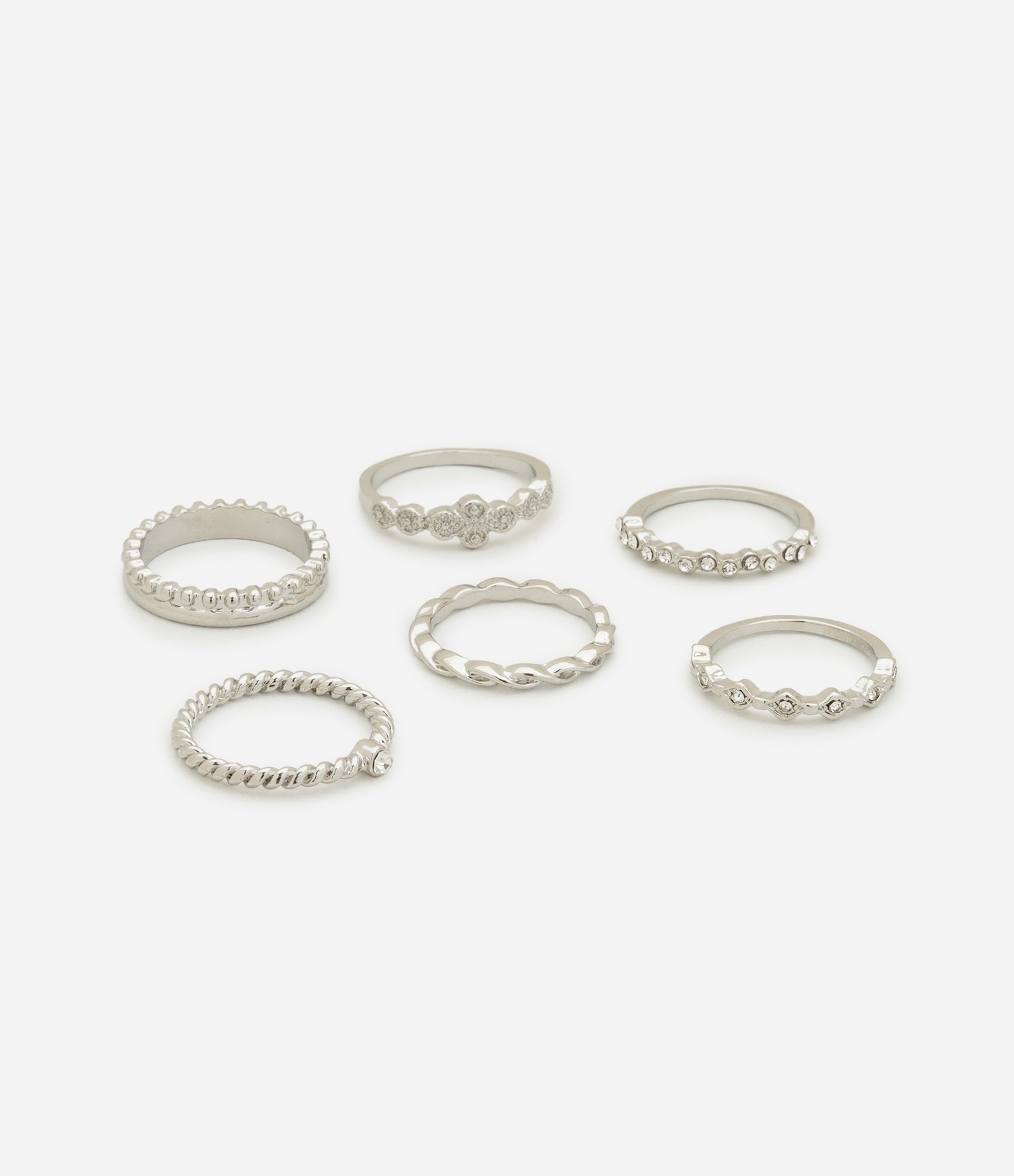 Kit 06 Anéis com Formas Diversas Prata 2