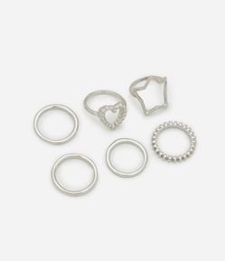 Kit 06 Anéis em Metal com Formas de Estrela Coração e Bolinhas