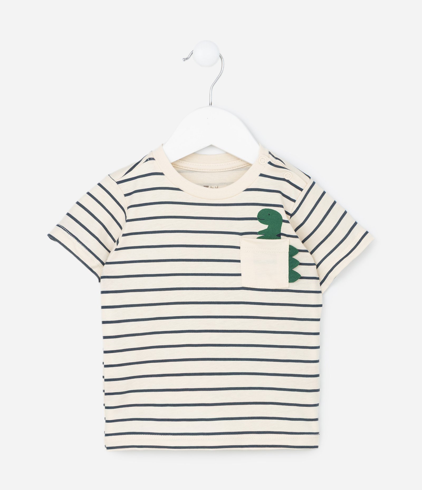 Camiseta Infantil com Bolsinho e Estampa Dino - Tam 0 a 18 meses Bege 1