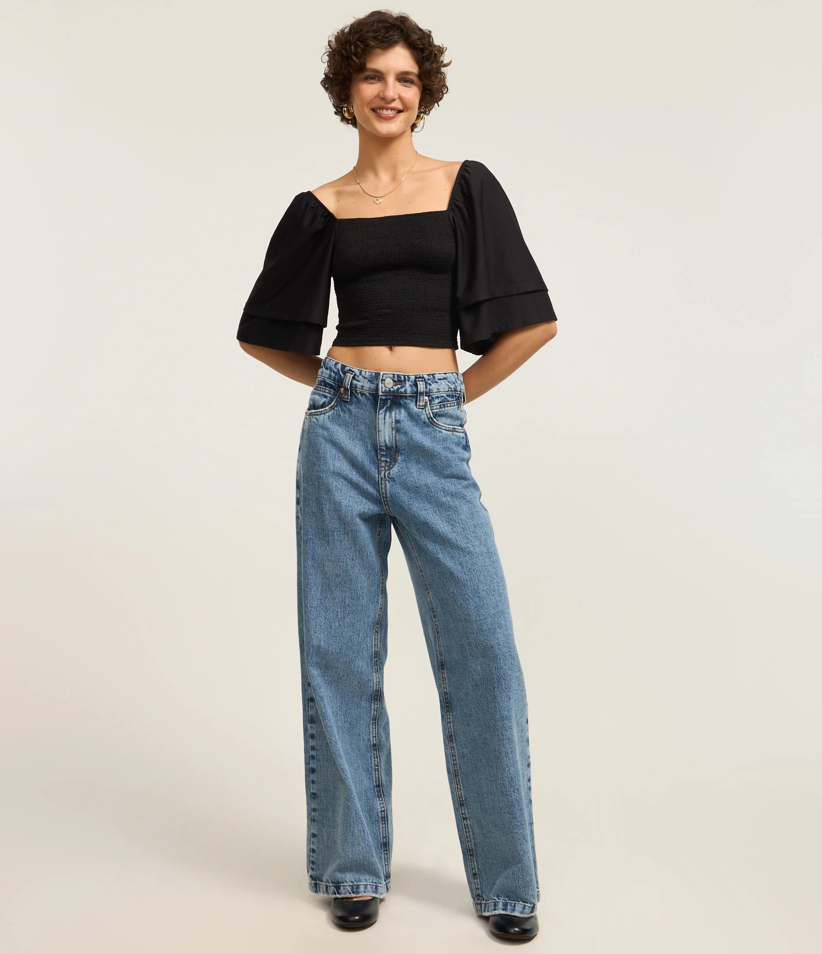 Blusa Cropped Texturizada com Manga Dupla Preto 2