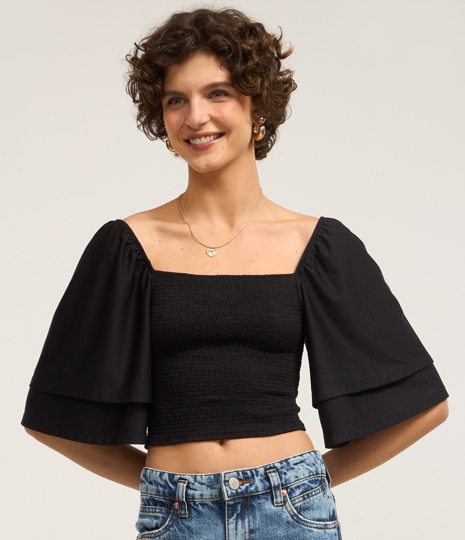 Blusa Cropped Texturizada com Manga Dupla Preto 3