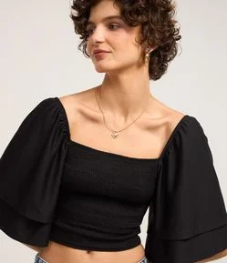 Blusa Cropped Texturizada com Manga Dupla