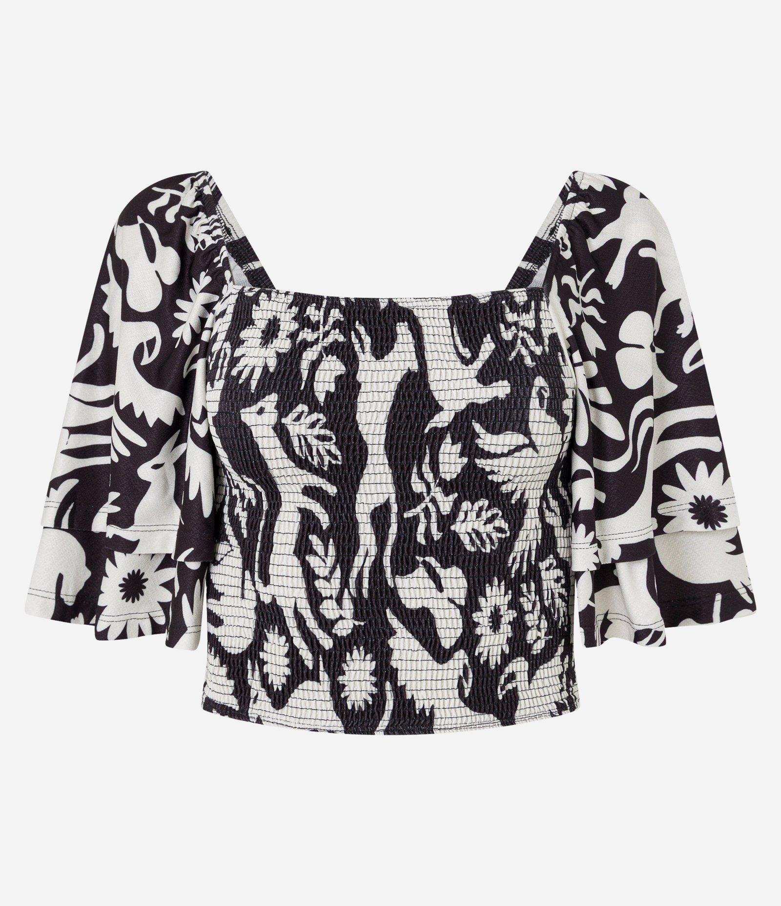 Blusa Ombro a Ombro com Camada nas Mangas e Estampa Animais Preto/ Branco 2