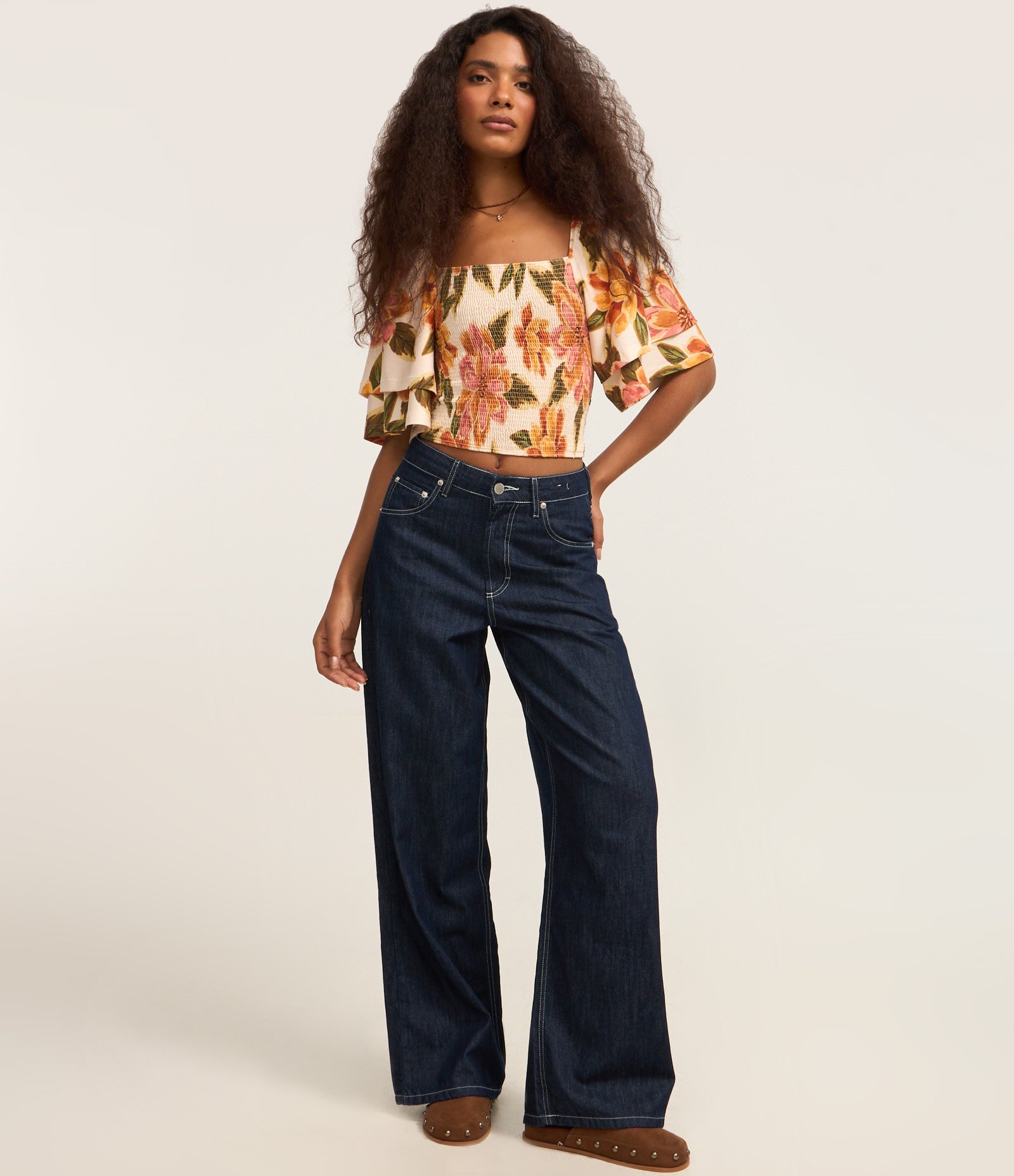 Blusa Cropped com Lastex no Corpo e Manga Dupla Multicores 2