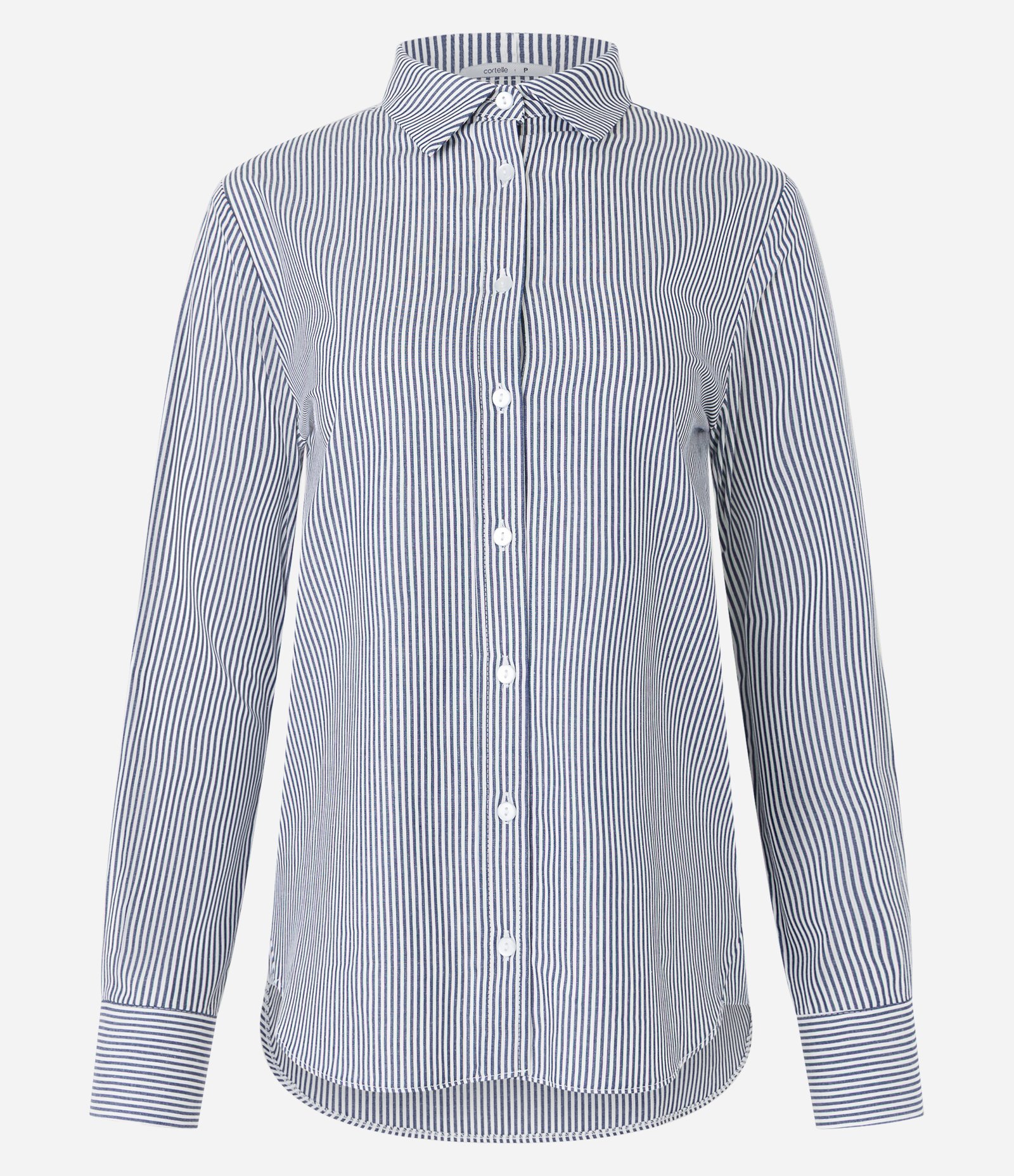 Camisa em Tricoline com Abotoamento e Estampa Listras em Fio Tinto Azul Escuro/Branco 1