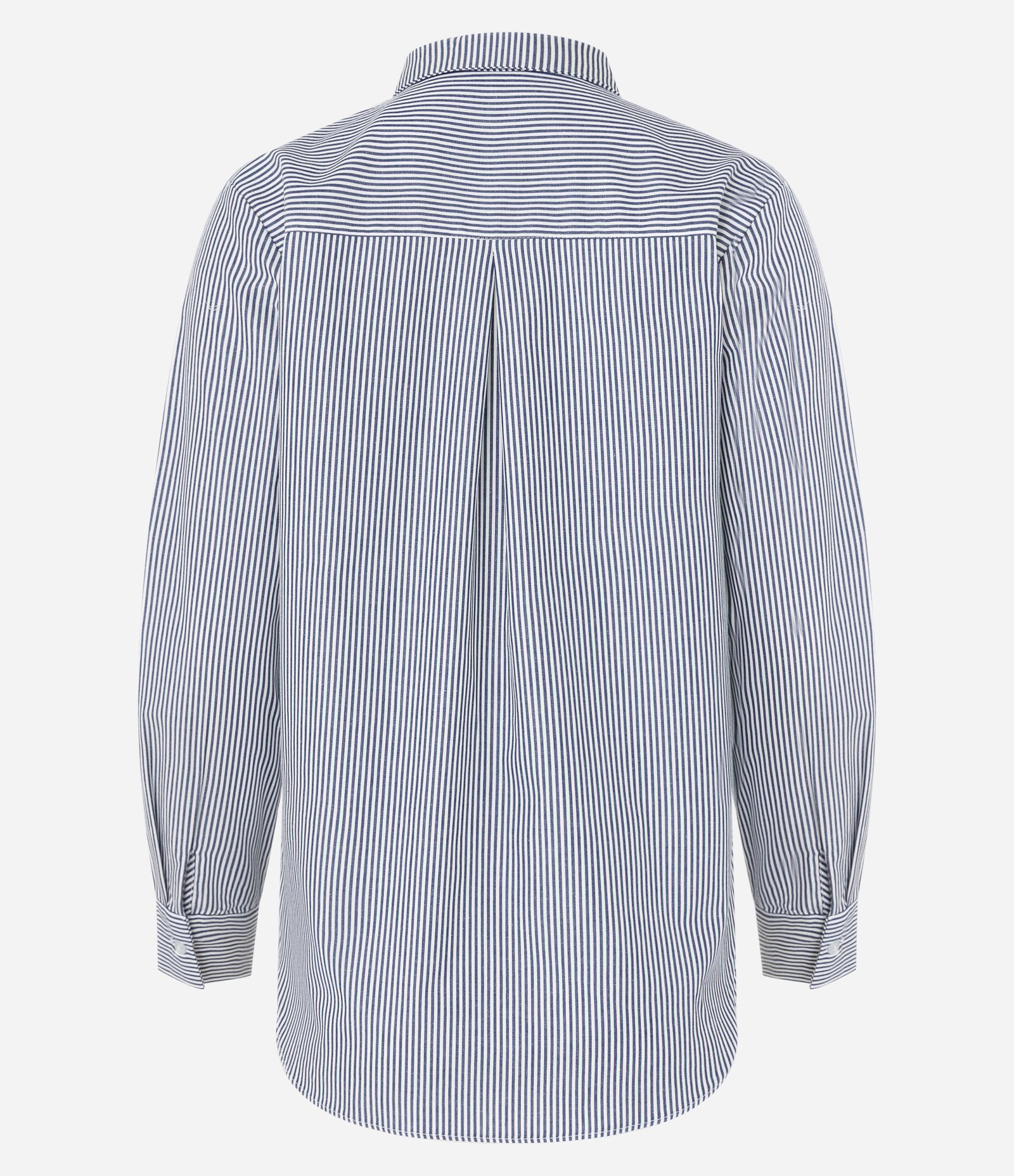 Camisa em Tricoline com Abotoamento e Estampa Listras em Fio Tinto Azul Escuro/Branco 2