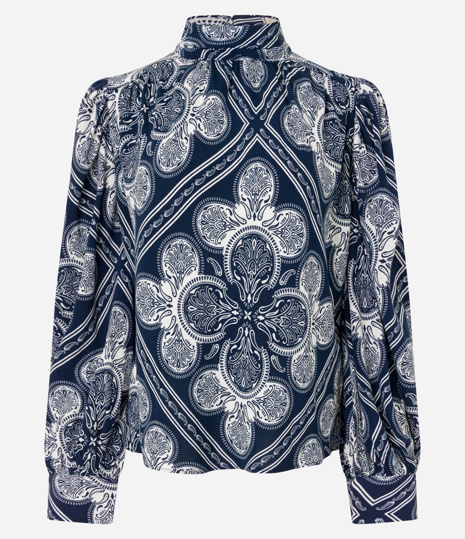 Blusa em Viscose com Manga Bufante e Estampa Paisley Azul 1