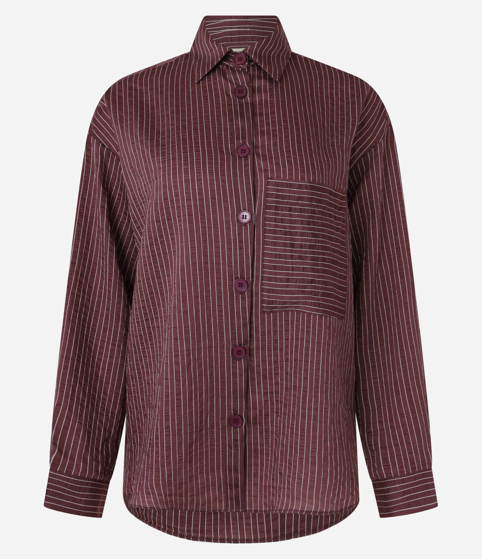 Camisa Listrada em Tricoline Texturizado com Bolso Bordô 7