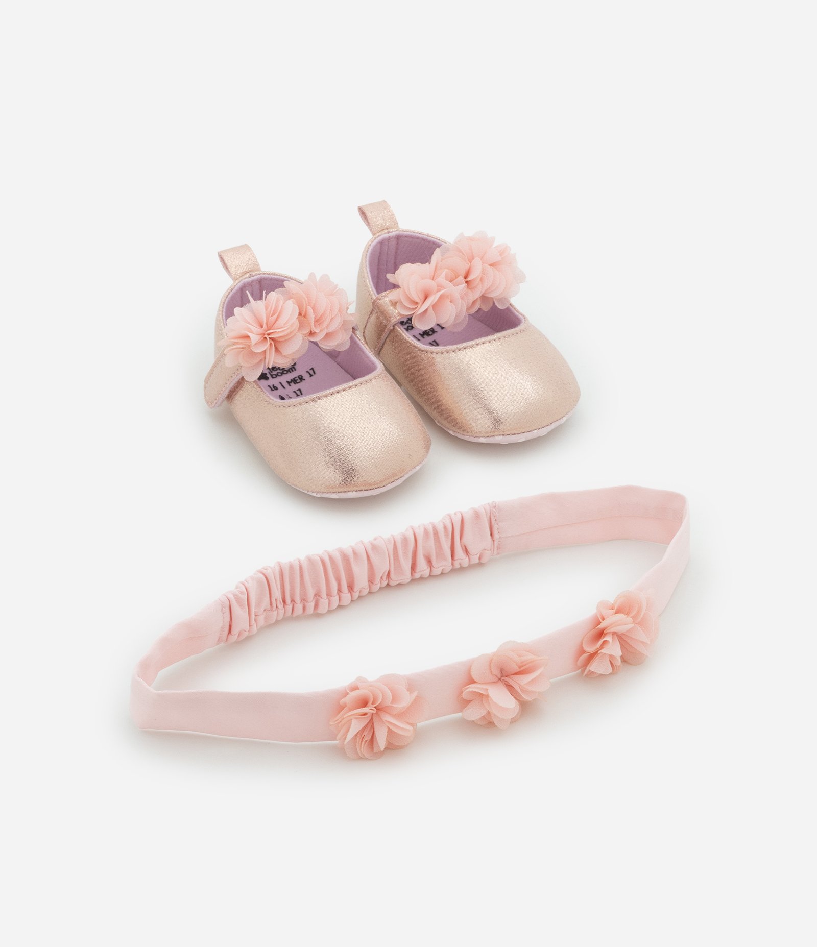 Sapatilha Infantil com Tira de Florzinhas e Faixa de Cabelo - Tam 15 a 19 Rosa 1
