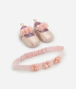 Sapatilha Infantil com Tira de Florzinhas e Faixa de Cabelo - Tam 15 a 19