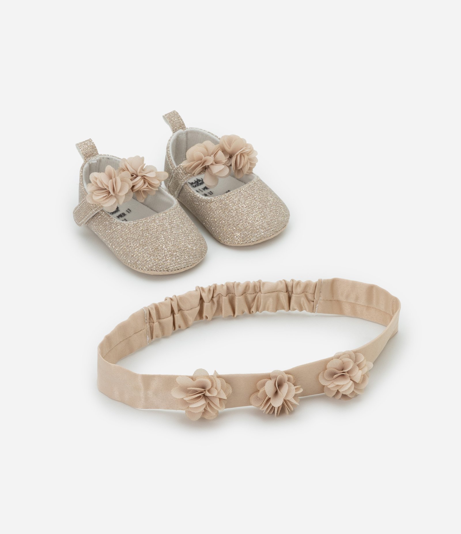 Sapatilha Infantil com Tira de Florzinhas e Faixa de Cabelo - Tam 15 a 19 Dourado 1