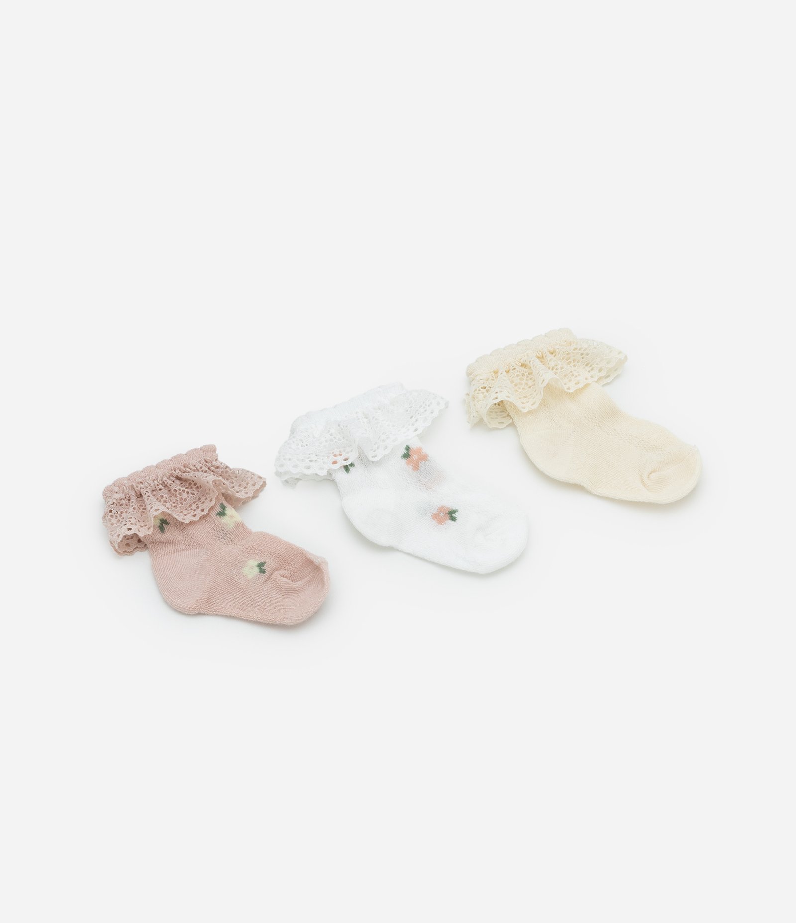 Kit 03 Meias Infantis com Babadinho em Renda - Tam  RN a 12 meses Rosa/Bege/Branco 1