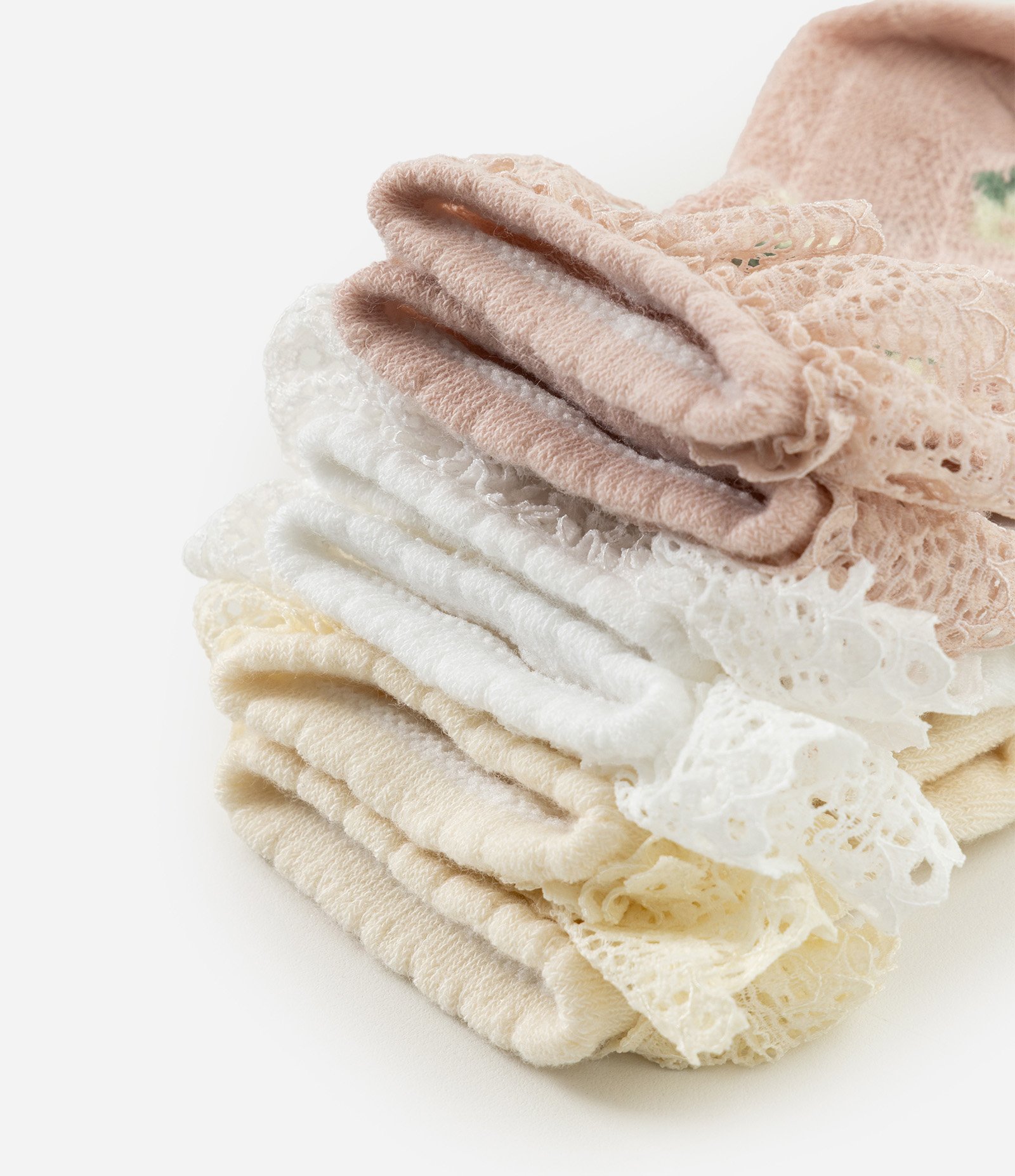Kit 03 Meias Infantis com Babadinho em Renda - Tam  RN a 12 meses Rosa/Bege/Branco 4