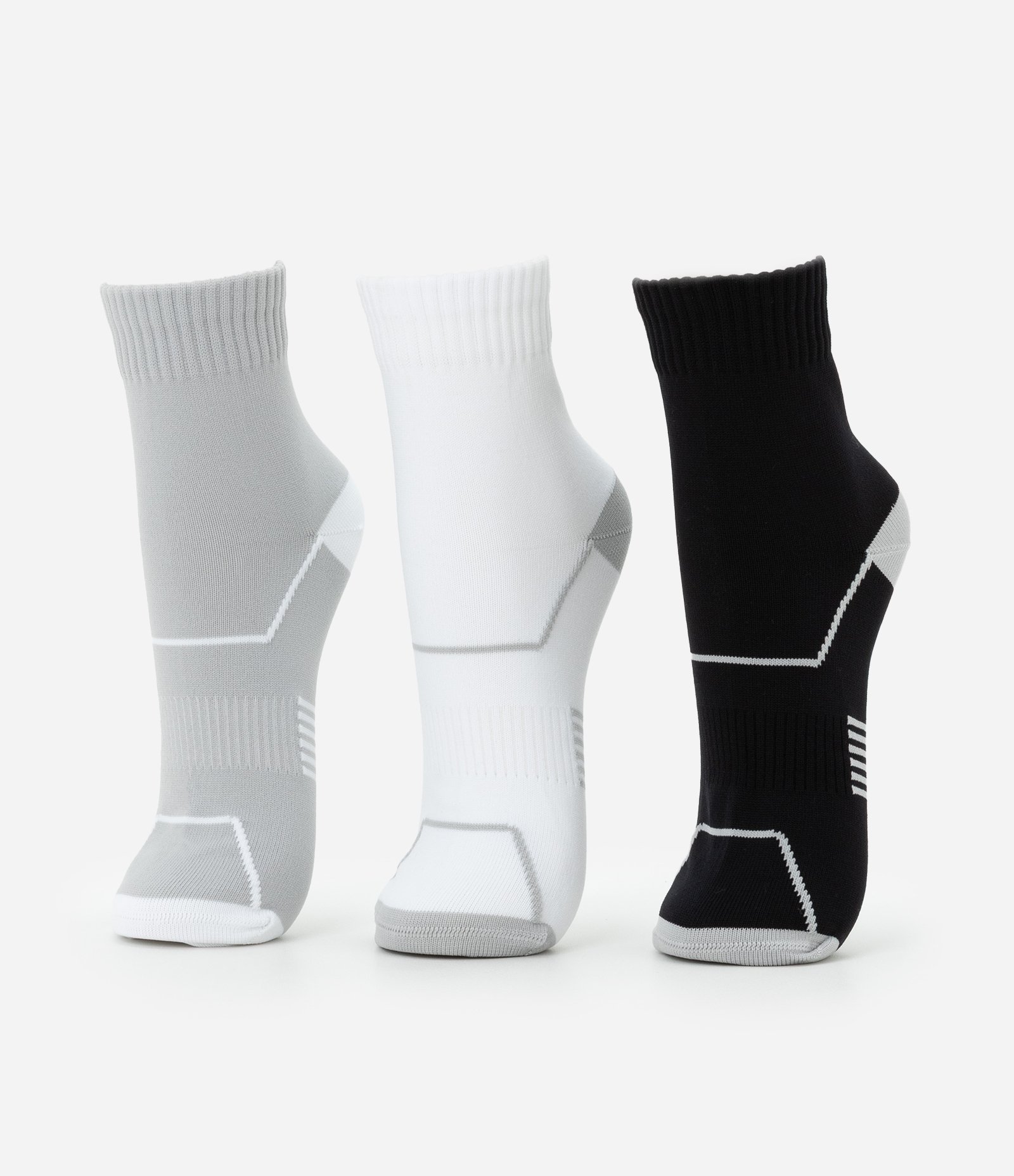 Kit 03 Meias Cano Médio Esportivas em Poliamida com Estampa de Listra Preto/Branco/Cinza 1