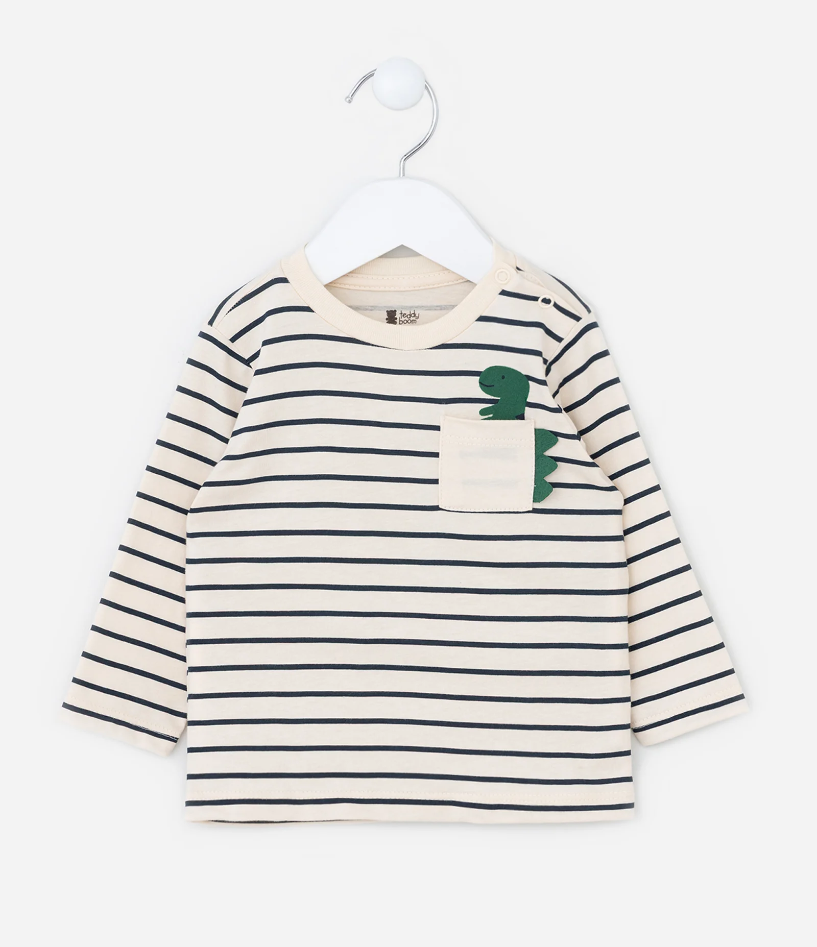 Camiseta Infantil com Bolsinho e Estampa Dino - Tam 0 a 18 meses Bege/Verde 1