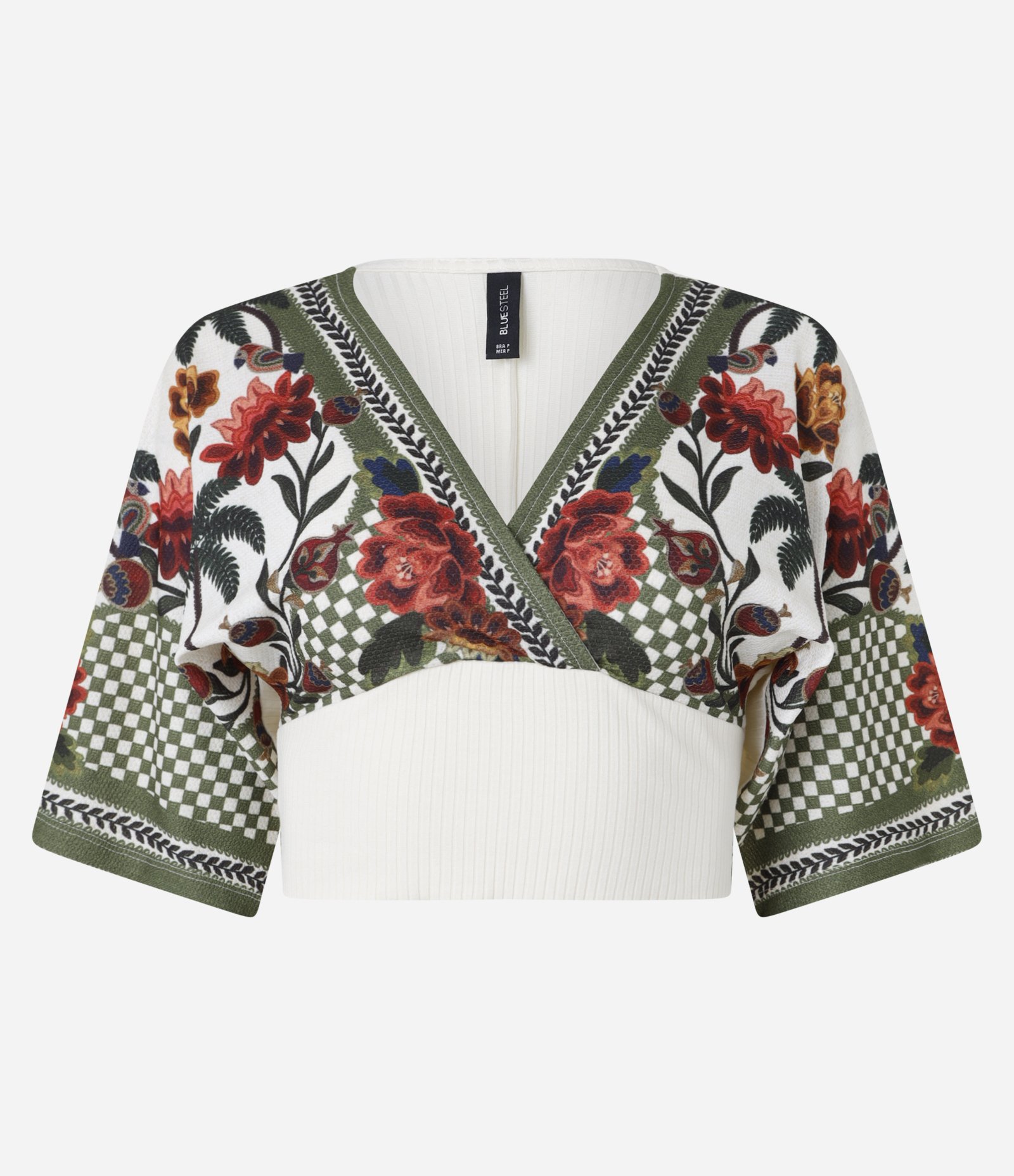 Blusa Cropped Texturizada com Estampa Xadrez e Floral Off White 1