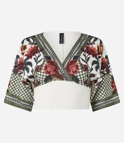 Blusa Cropped Texturizada com Estampa Xadrez e Floral