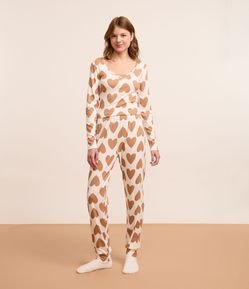Pijama Longo Canelado com Estampa de Corações