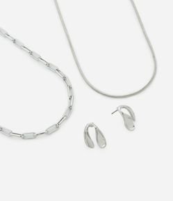 Conjunto de Colar e Brinco Metal Liso colar camadas 1 rabo de rato redondo e 1 elos finos e brinco pequeno u invertido AE_SS25_CJT_0008A