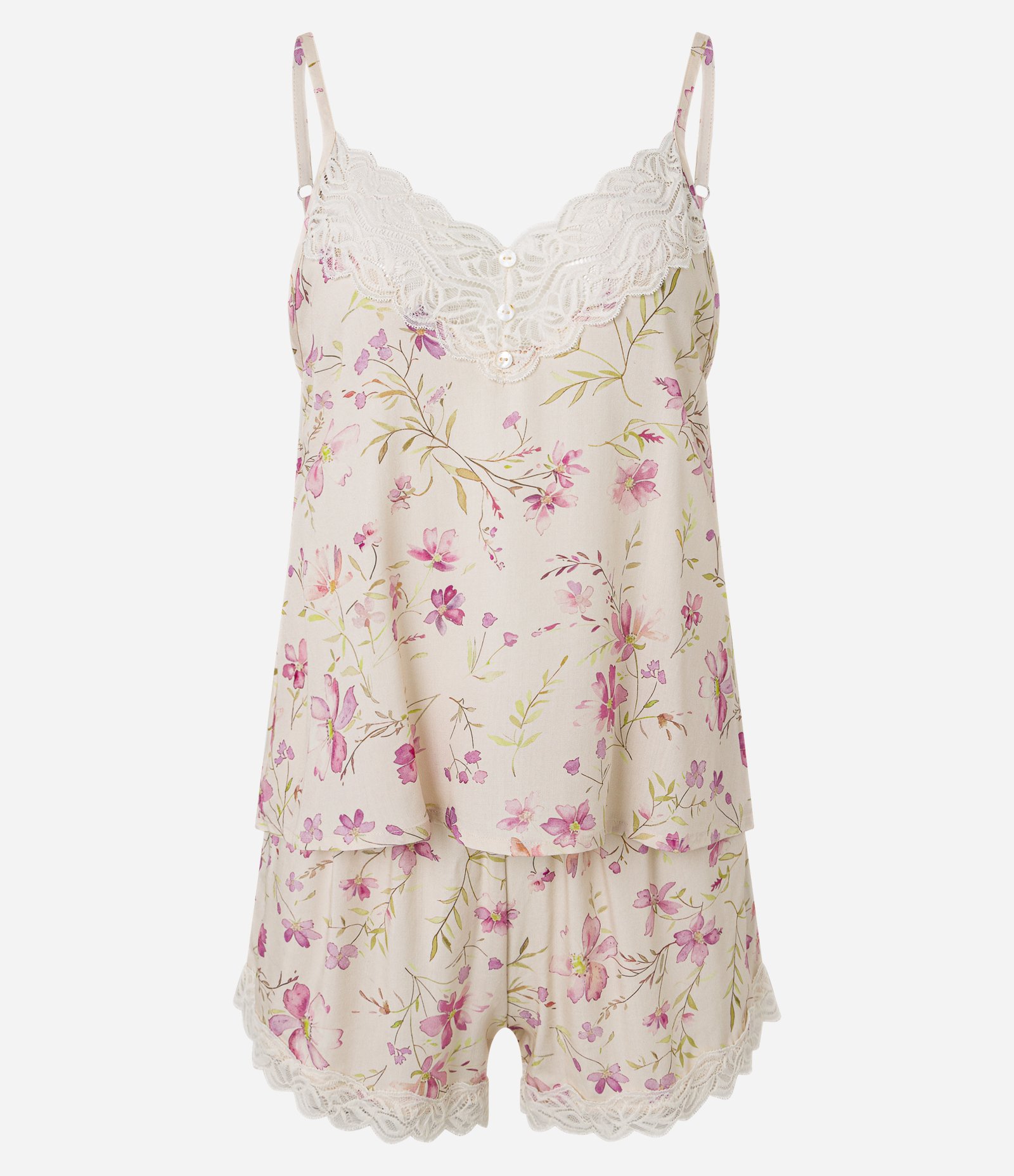 Pijama Short Doll em Viscose com Estampa Floral e Detalhe de Renda Bege 4