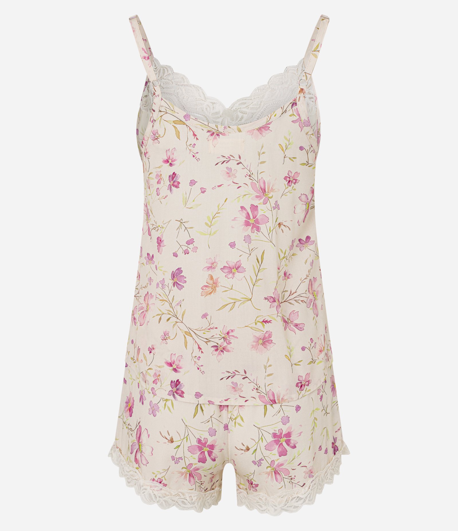 Pijama Short Doll em Viscose com Estampa Floral e Detalhe de Renda Bege 6