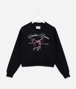 Moletom Infantil Quentinho com Laço de Paetê e Lettering - Tam 5 a 14 anos