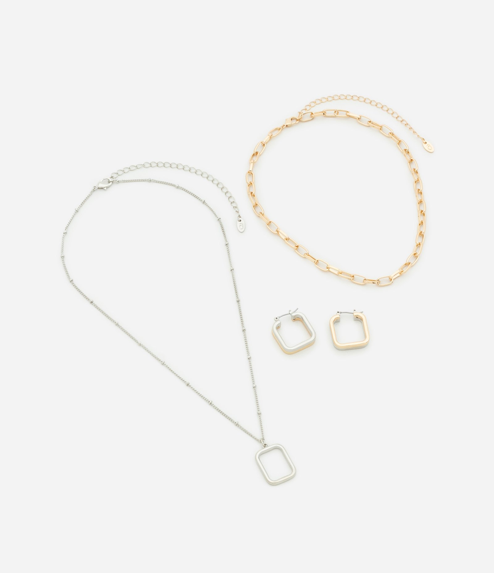 Conjunto de Colar Camadas Diversos e Brinco Argola Bicolor Prata/Dourado 2