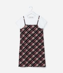 Vestido Infantil com Sobreposição e Estampa Xadrez - Tam 5 a 14 Anos