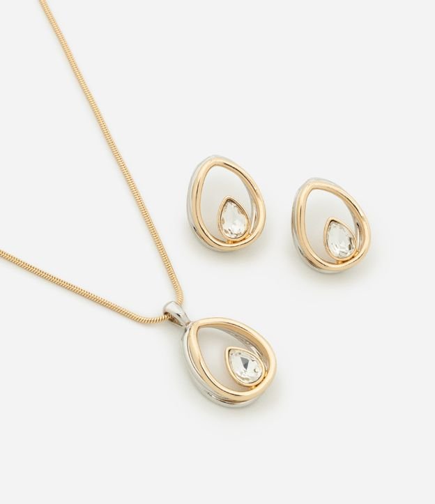 Conjunto de Colar Curto e Brinco Botão com Forma de Gota e Strass