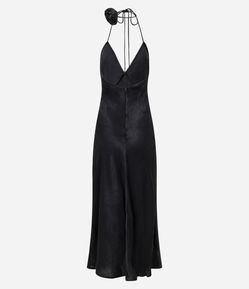 Vestido Longo em Cetim Frente Única com Flor no Pescoço
