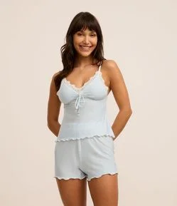 Pijama Short Doll Canelado com Renda e Amarração