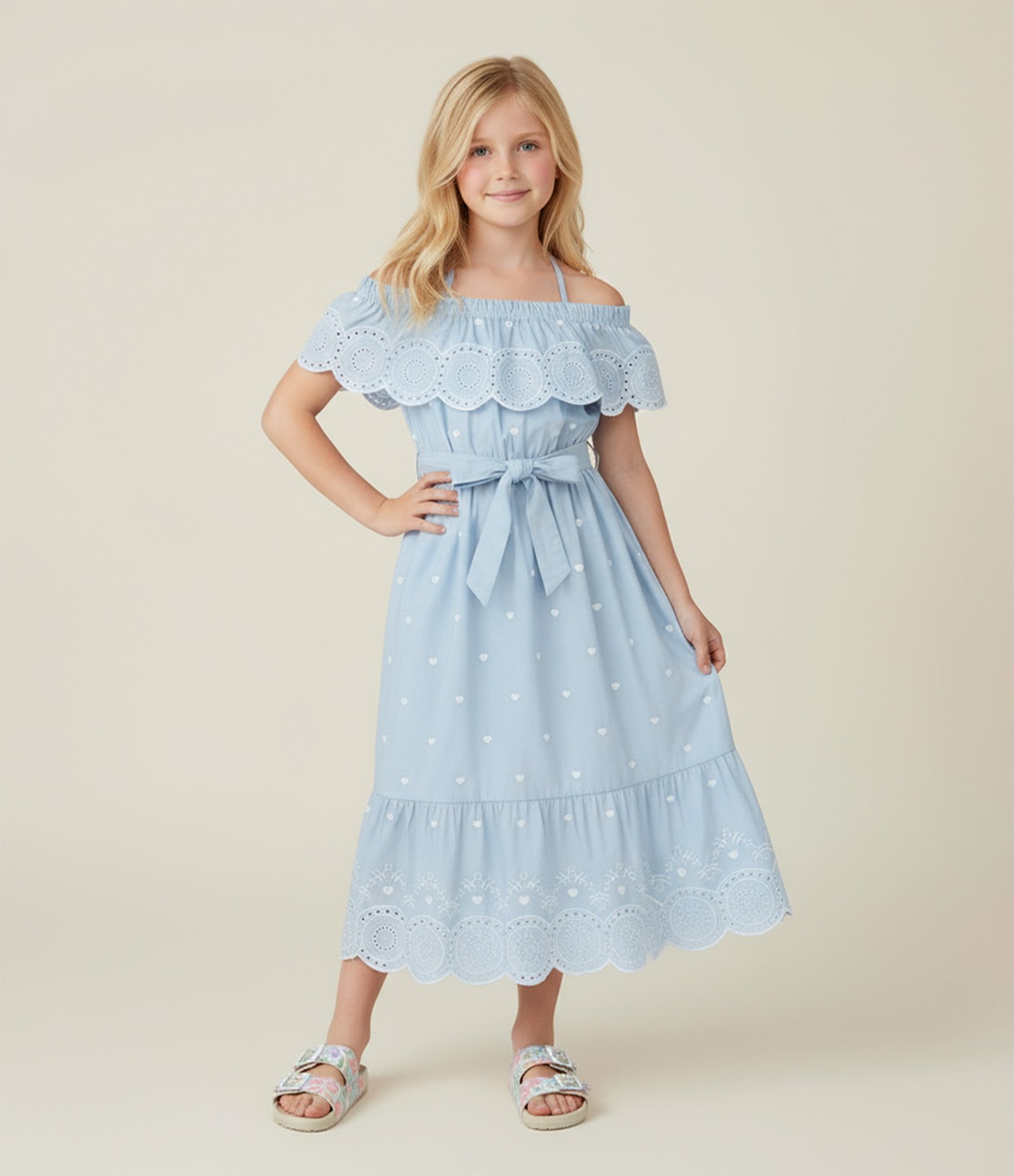 Vestido Infantil em Laise com Babados - Tam 5 a 14 Anos Azul 1