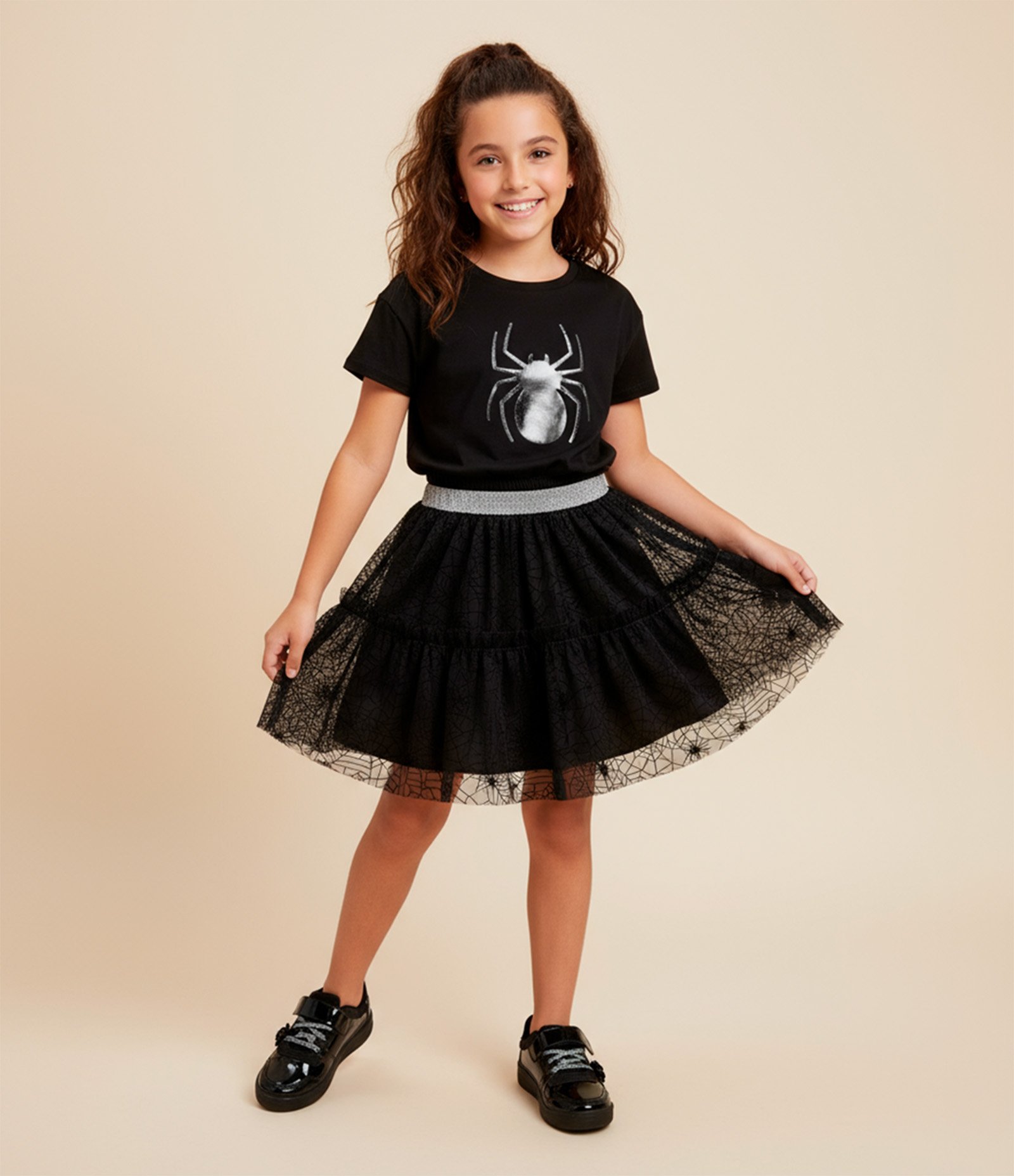 Saia Infantil Curta em Tule com Teia de Aranha - Tam 5 a 14 Anos Preto 1