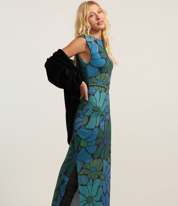 Vestido Long Midi em Microfibra Floral com Franzidos