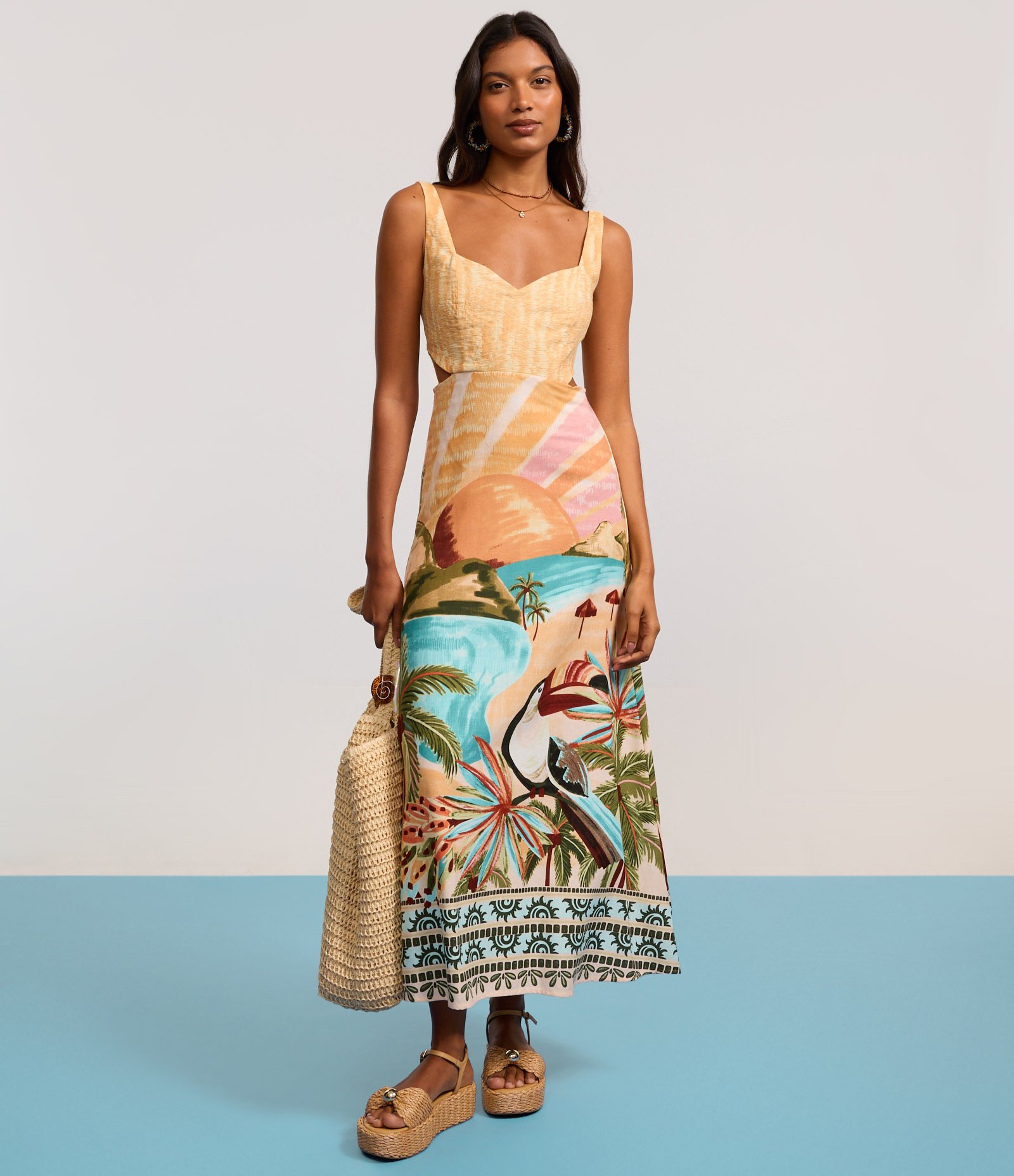 Vestido New Midi em Viscose com Recorte Lateral e Estampa Tropical Amarelo 5