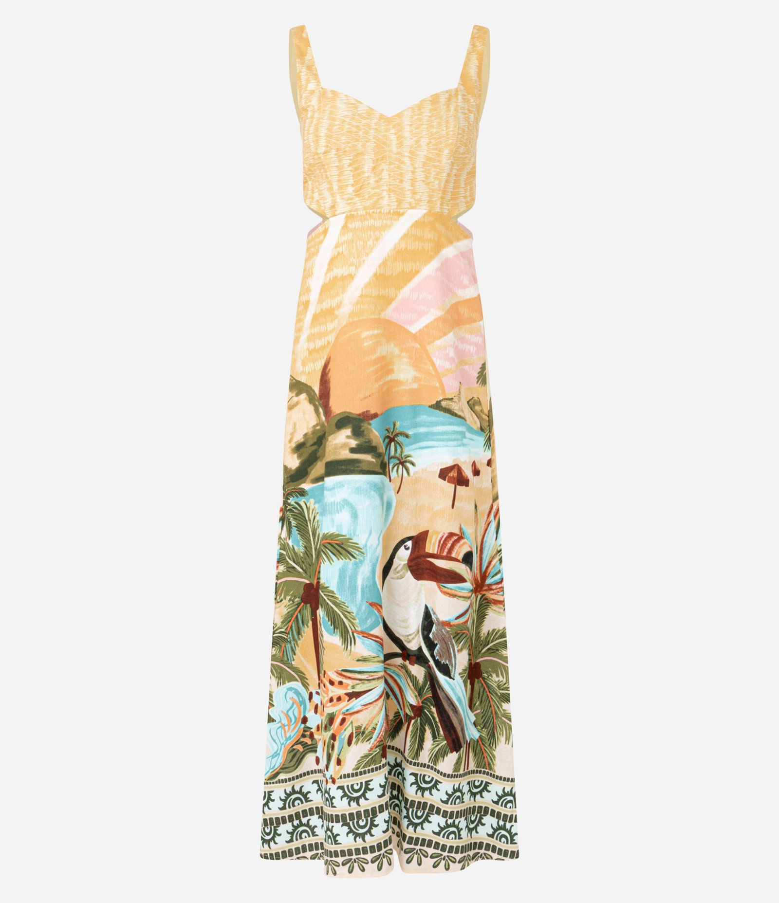 Vestido New Midi em Viscose com Recorte Lateral e Estampa Tropical Amarelo 7