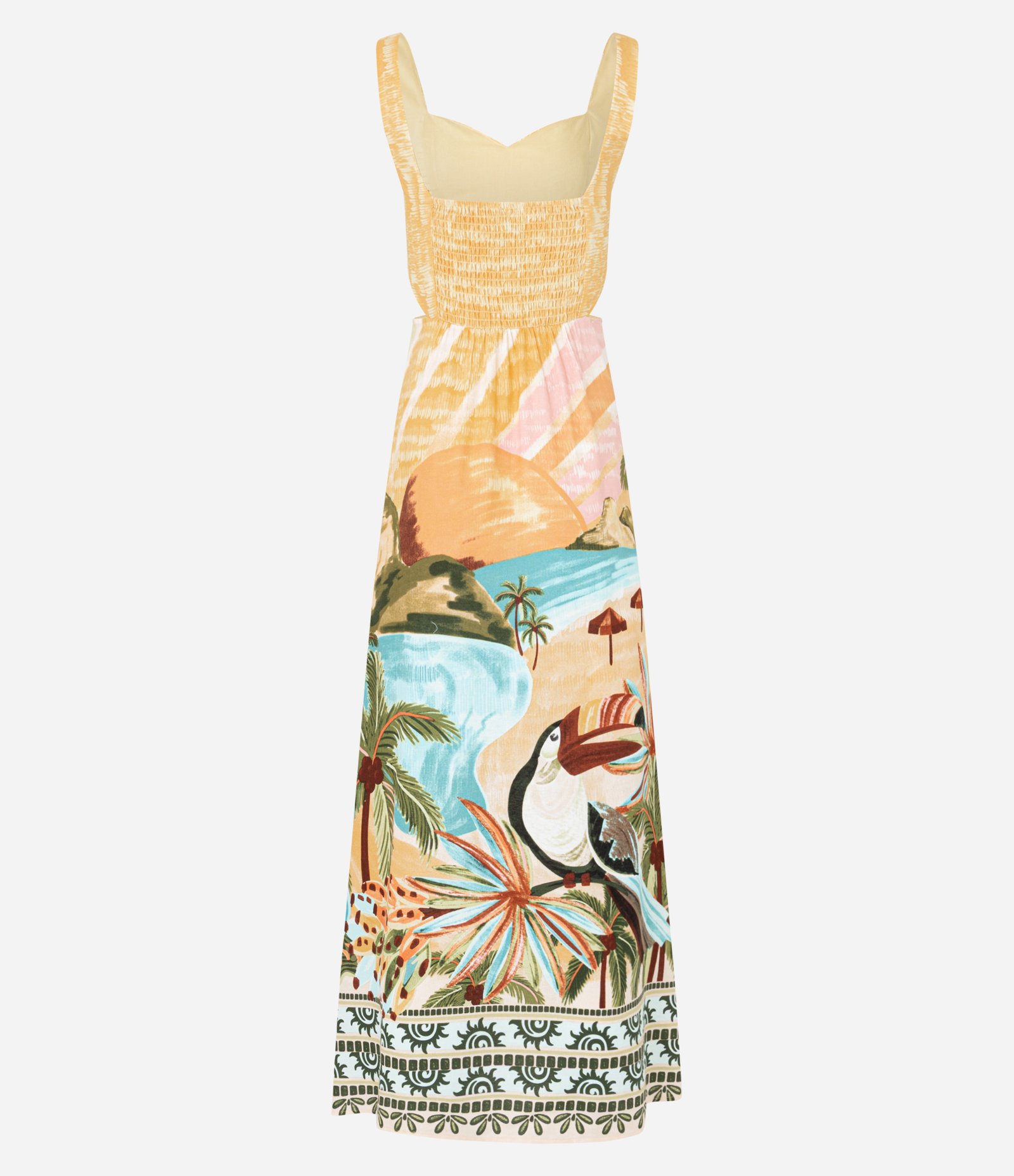 Vestido New Midi em Viscose com Recorte Lateral e Estampa Tropical Amarelo 8