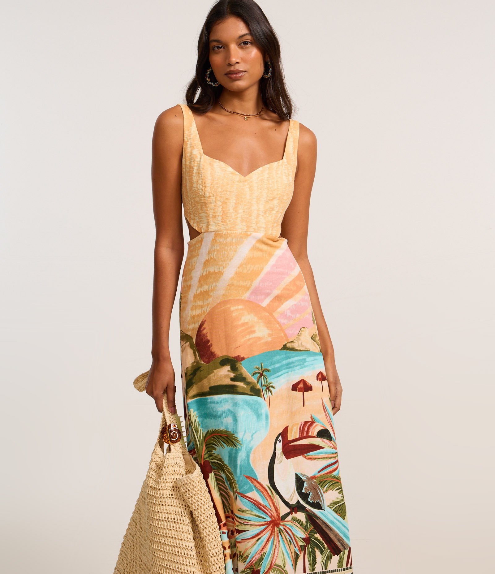 Vestido New Midi em Viscose com Recorte Lateral e Estampa Tropical Amarelo 2