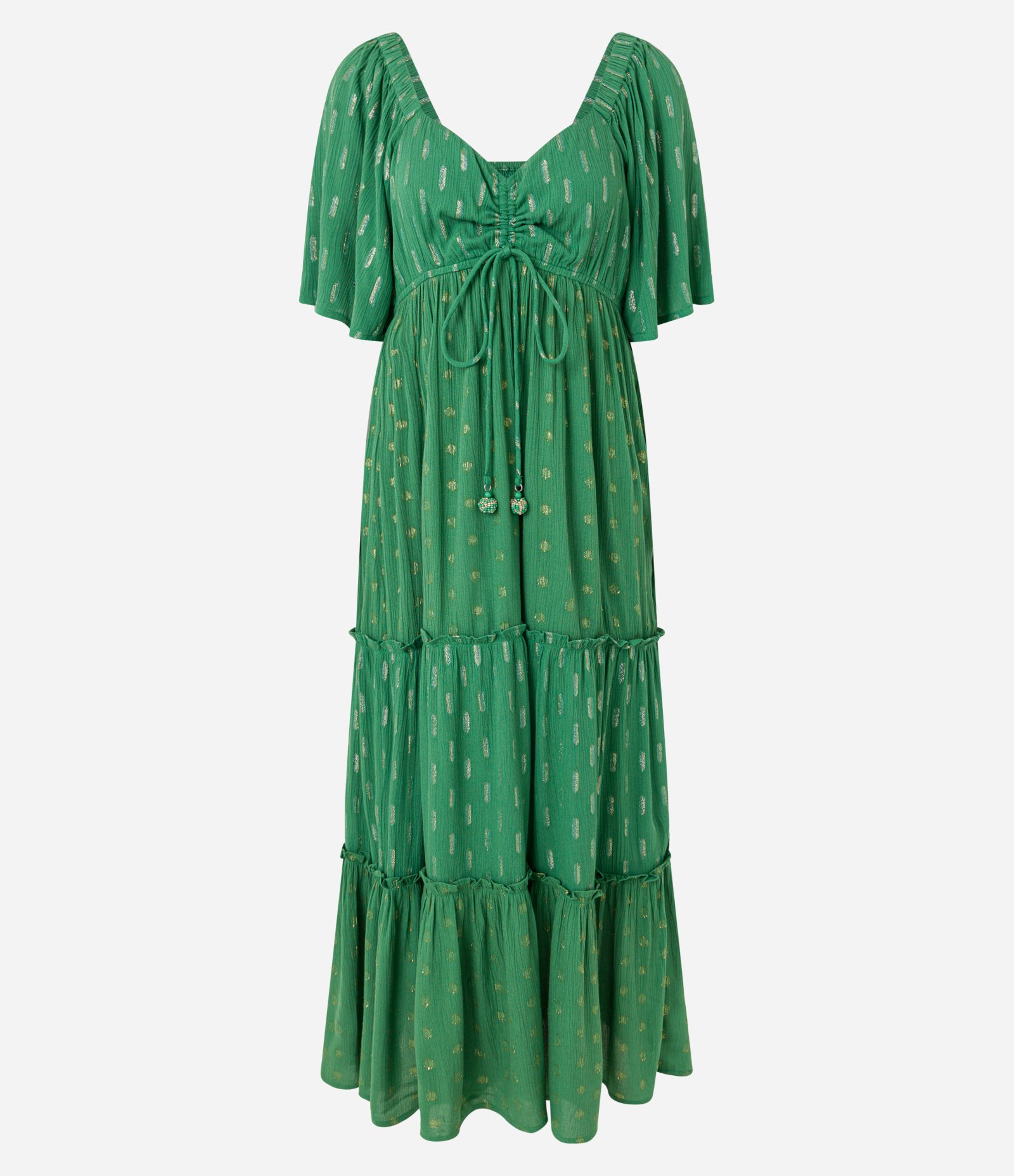 Vestido Longo em Viscose Maquinetado com Fio Metalizado Verde 1