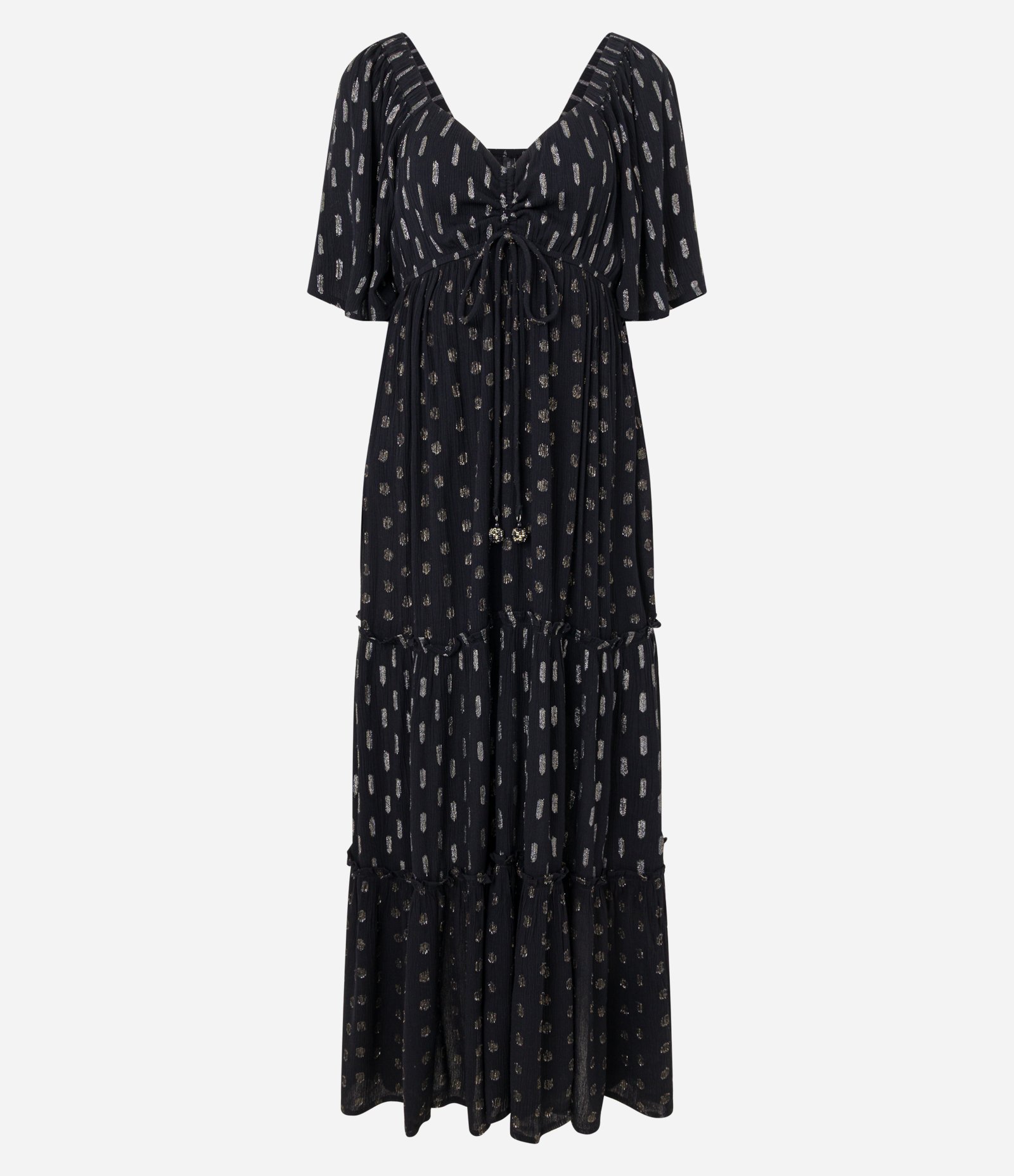 Vestido Longo em Viscose Maquinetado com Fio Metalizado Preto 1