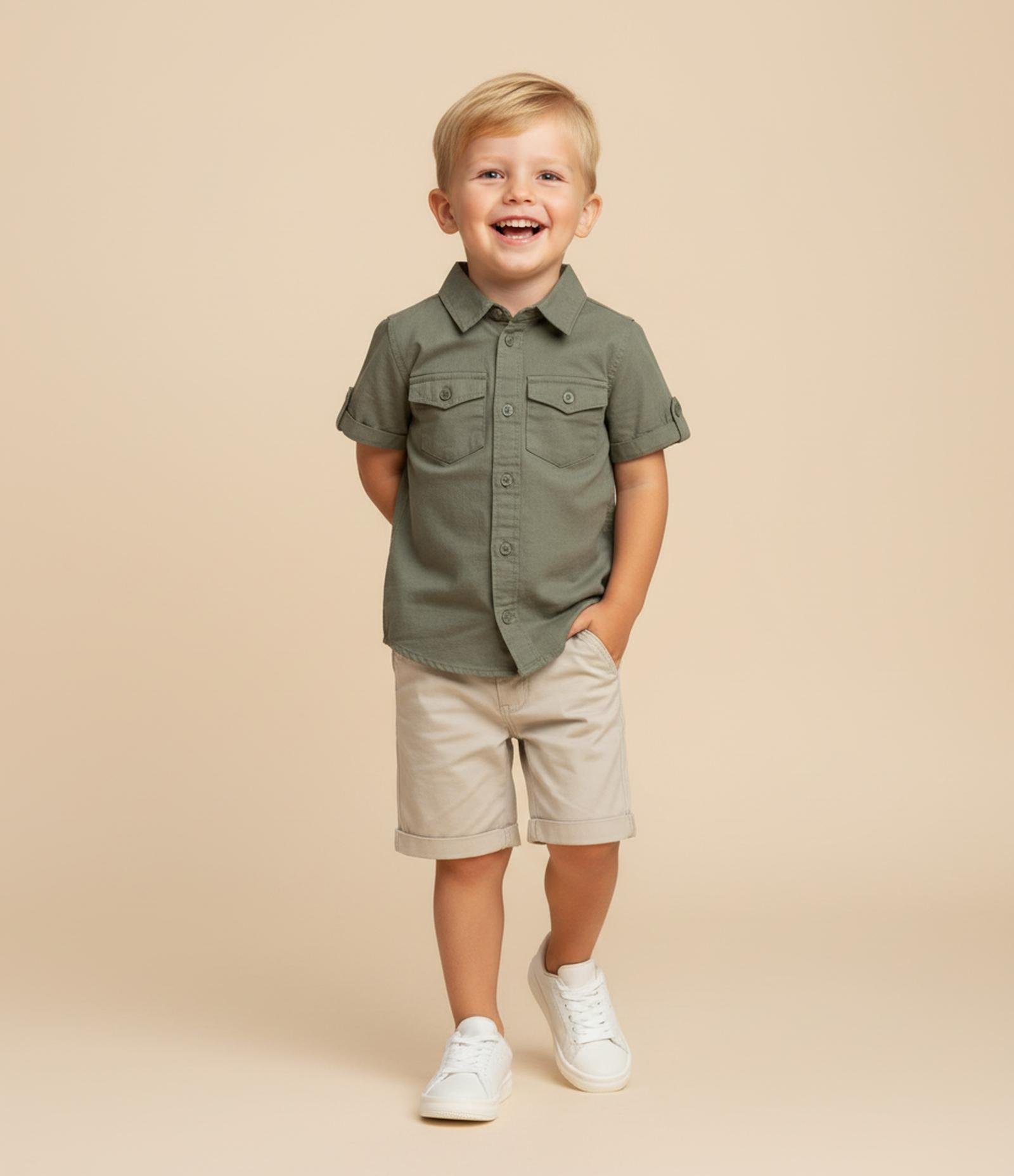 Camisa Infantil em Sarja e Bolsos com Lapela - Tam 1 a 6 Anos Verde 1