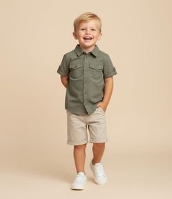 Camisa Infantil em Sarja e Bolsos com Lapela - Tam 1 a 6 Anos