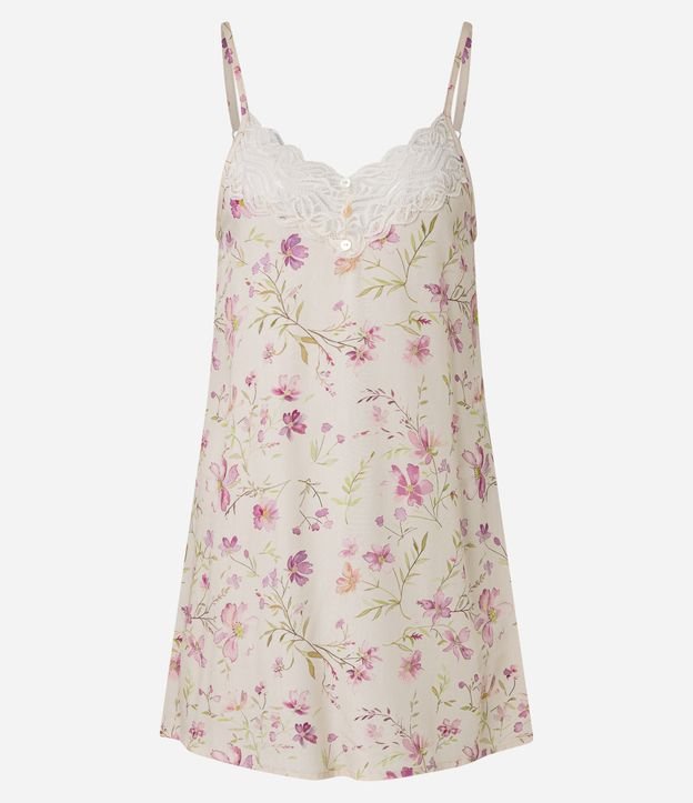 Camisola Curta em Cetim com Estampa Floral e Renda