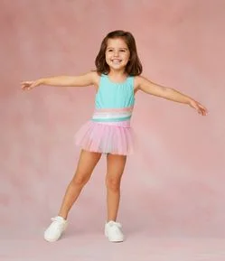 Maiô Infantil com Estampa de Arco-Íris e Saia Removível - Tam 1 a 4 anos