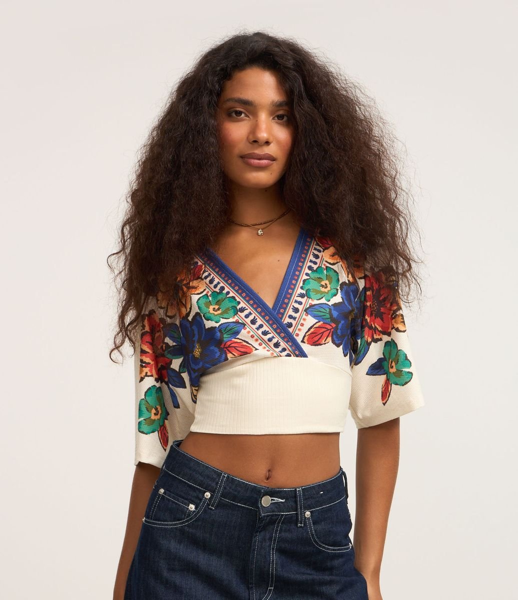 GASA＊ 花柄半袖 リネンニット トップス Blusa Cropped Texturizada com Estampa Floral Off White
