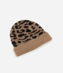 Gorro em Tricô com Dobra e Estampa Animal Print