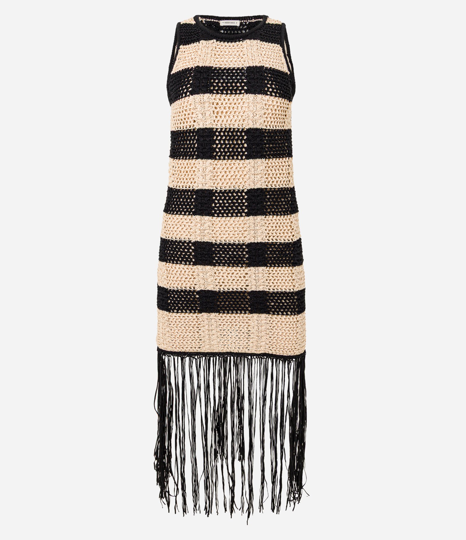Vestido Longo Listrado em Tricô com Efeito Crochê e Franjas Preto 9